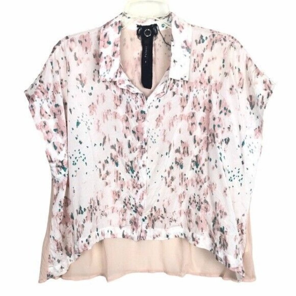 Poleci Silk And‎ Cotton Cropped Blouse Pink Floral Collared Size 8